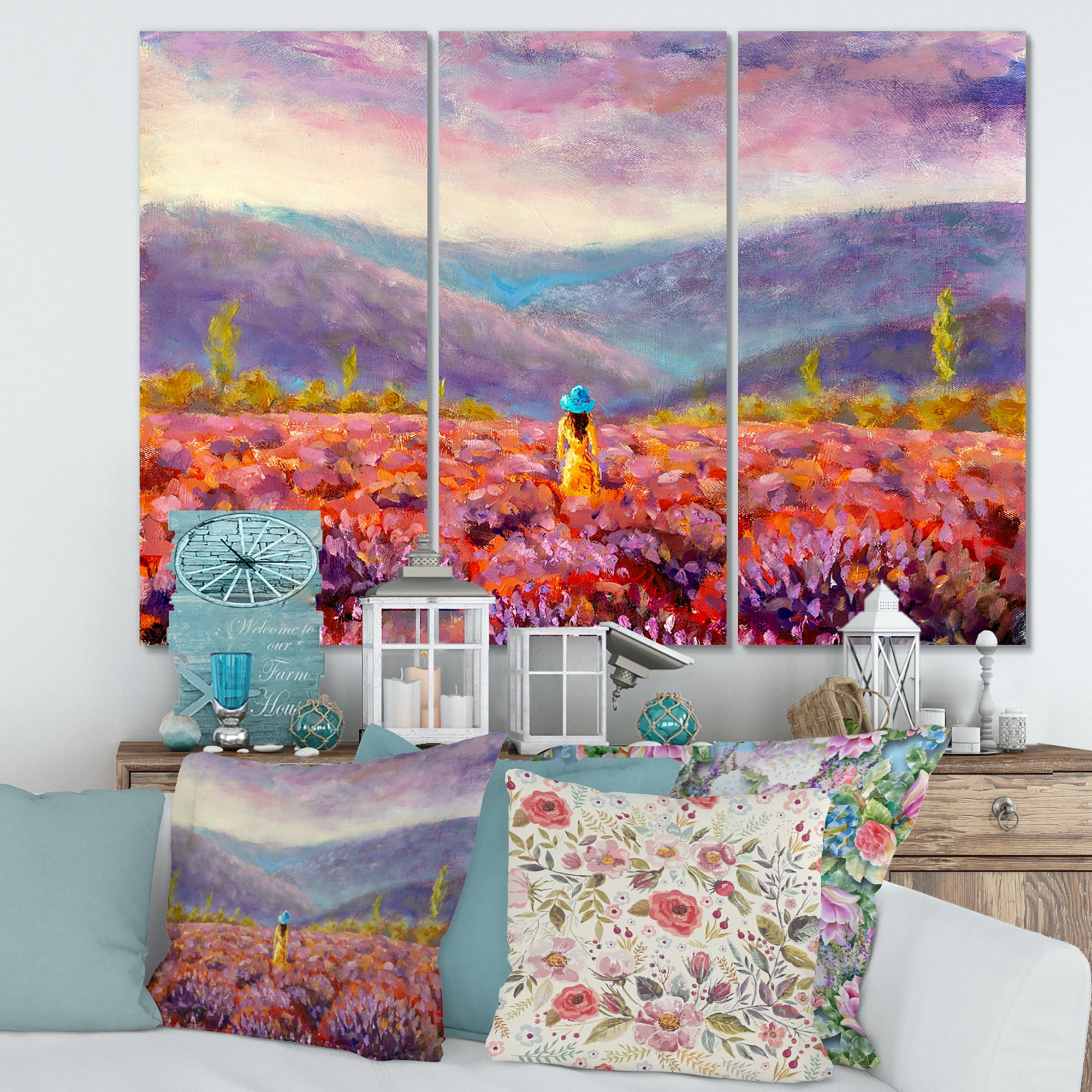 Designart ' Girl In Yellow Dress & Hat Walking Through Fields ' Traditional Canvas Wall Art Print