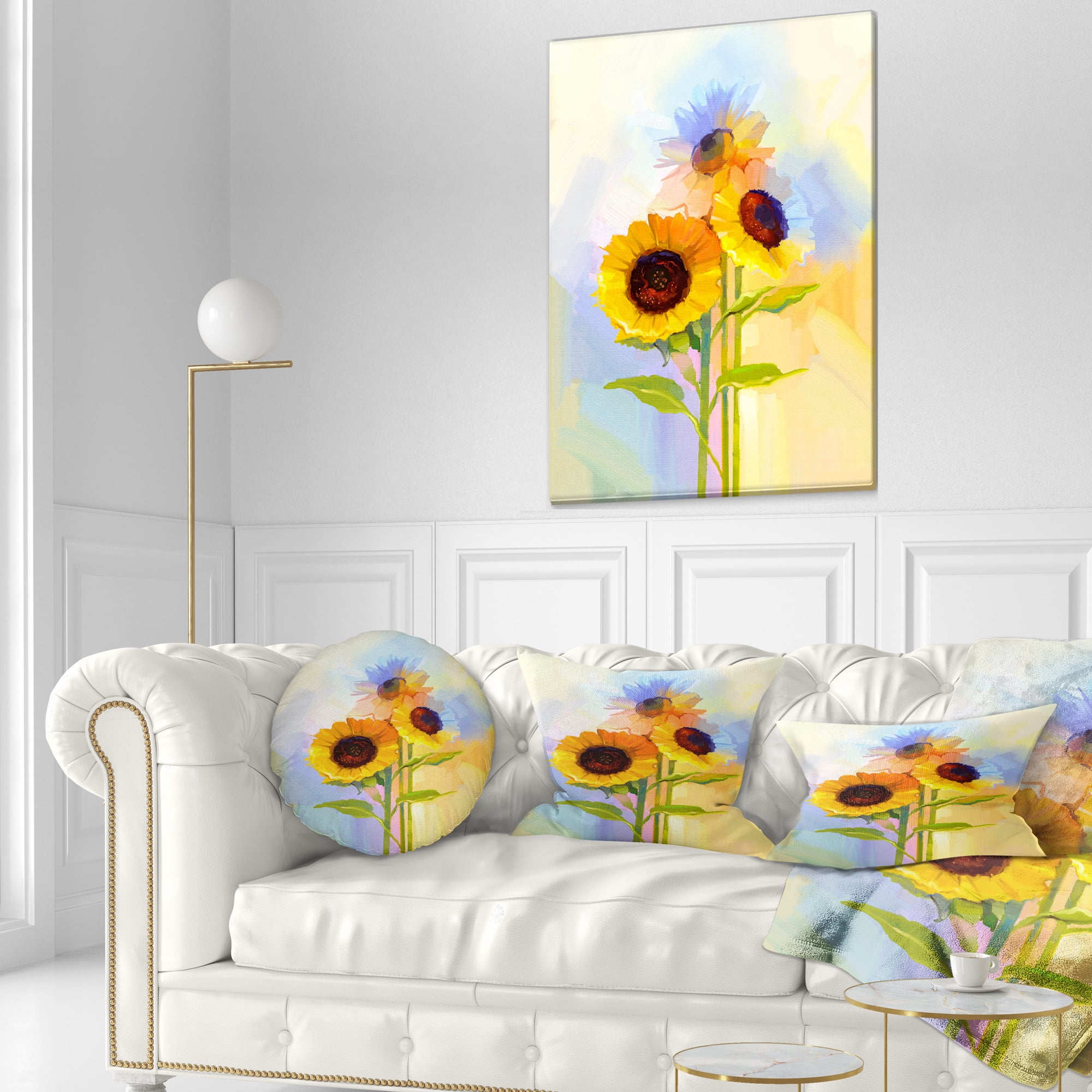 Designart Yellow Sunflowers with Green Leaves - Floral Throw Pillow - 12x20
