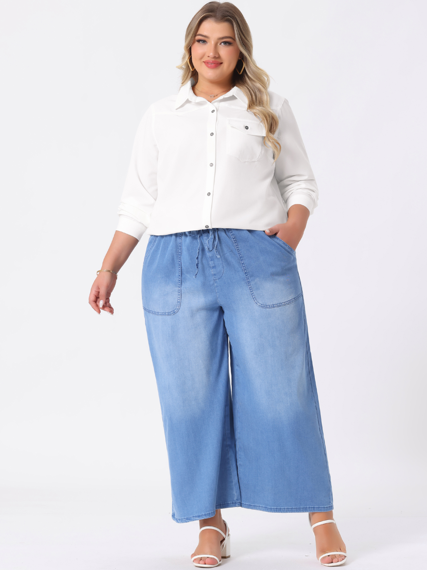 DARING DIVA Women's Plus Chest Pocket Long Sleeve Denim Chambray Shirt 4X White