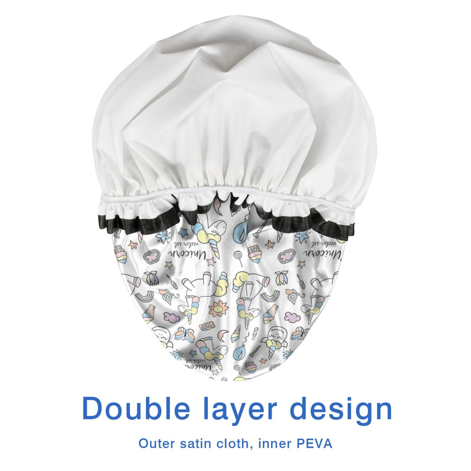 Shower Caps,White Unicorn Dessert Pattern Waterproof Shower Cap for Women 4 Pieces,Double Reusable Hair Cover for Shower PEVA Elastic Stretch Hem