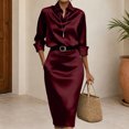 thumbnail image 6 of TaTaai Womens Dresses Long Sleeve Turndown Collar Solid Button Back Split Midi Dress with Belt Silky Smooth Lustrous for Fall, 6 of 7