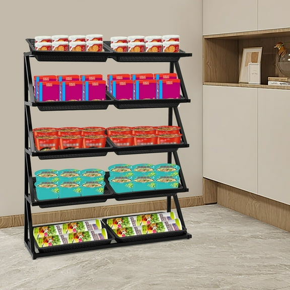5 Tiers Fruit Vegetable Basket Stand, Metal Snack Display Rack, Free-Standing Fruit Organizer, Vegetable Storage Rack