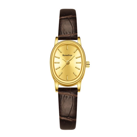 Vintage Women’s Leather Wrist Watch – Small Gold Oval Square Case, Minimalist Analog Quartz, Red Dainty Petite Ladies Watch