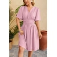 thumbnail image 5 of EASYBRAUS Women V Neck A Line Midi Dress Bell Sleeve Pleated Waist Spring Summer Dress, 5 of 8