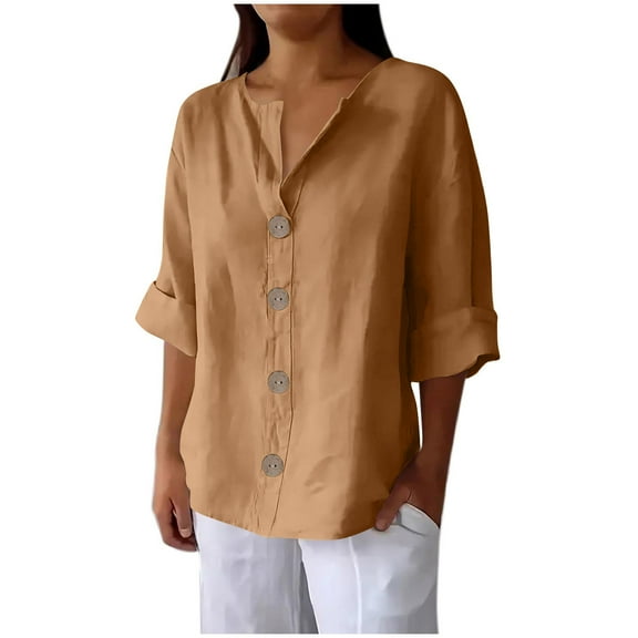 VerPetridure Linen Tops for Women Summer V Neck 3/4 Length Sleeve Womens Tops with Button Roll-Up Sleeve Casual Loose Fit Blouses