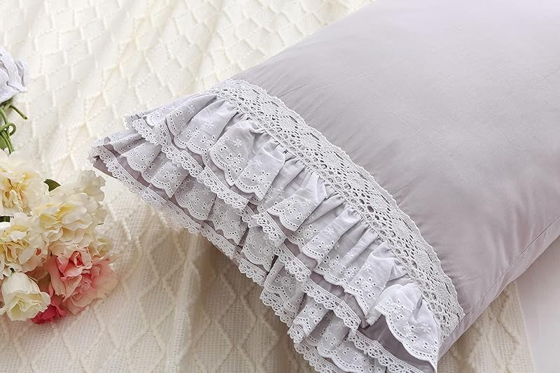 Gray Pillow Shams with Lace Ruffles Shabby Chic Cotton Queen Size Grey Pillowcases 20"x 30" 2-Pack