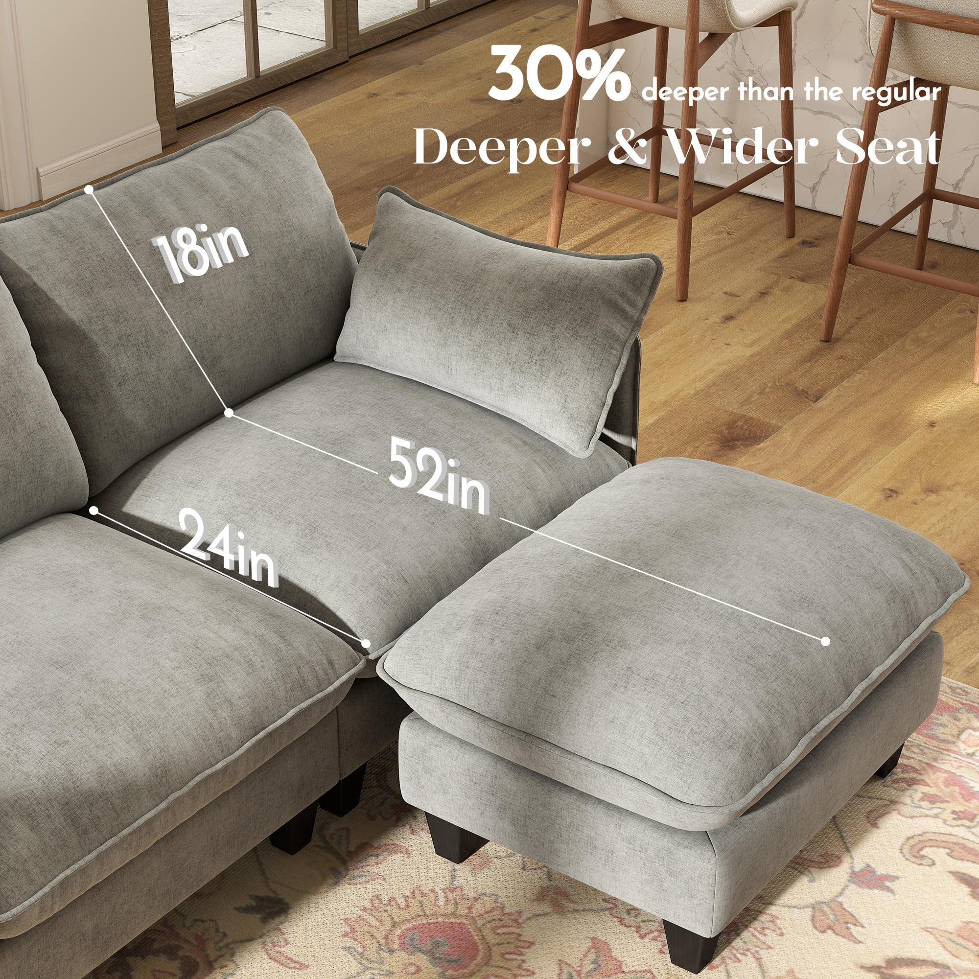 BedLuxury 138" Modular Sectional Sofa with Movable Ottoman,U shaped Deep Seat Cloud Couch for the Living Room, 4-Seat,Grey