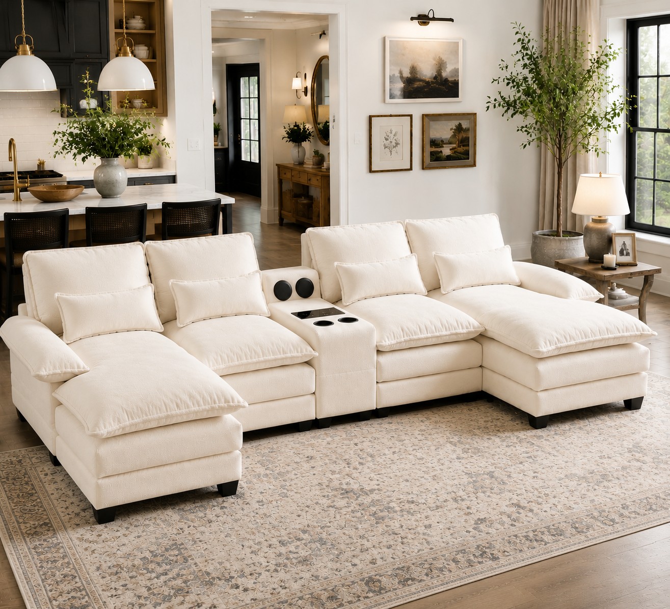 Villeston 126.77" U-Shaped Cloud Sofa With Chaise Lounge, Chenille Sofa With Wireless Charging, Bluetooth Speaker, Two Cup Holders, Storage Drawer, Suitable For Living Room,Beige