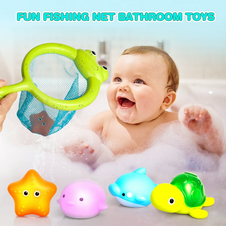 Beefunni Bath Toys,4 Pcs Light Up Floating Rubber Animal Toys Set with Fishing Net, Bathtub Tub Toy for Toddlers Baby Kids Infant Girls Boys
