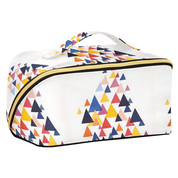 FORMRS Makeup Bag Travel Cosmetic Organizer for Women Fold Flat Zipper Pouch with Handle, White Abstract Triangles