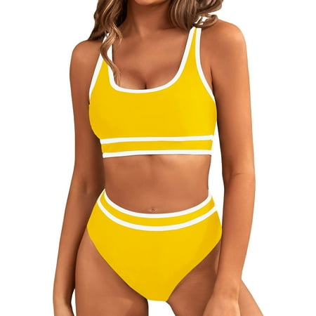Summer Savings Clearance Erwazi Womens High Waisted Bikini Sets Color Block Sporty Two Piece Swimsuits Cheeky High Cut Bathing Suits Surfing Swimwear