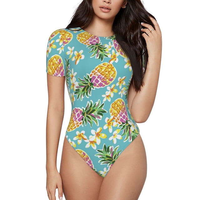 Balery Cute Pineapples Body de cuello redondo de manga corta para mujer Tops de manga corta Tops básicos-Small