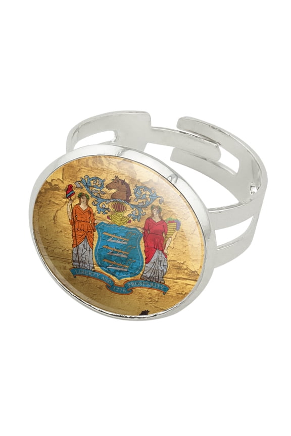 Rustic Distressed New Jersey State Flag Silver Plated Adjustable Novelty Ring