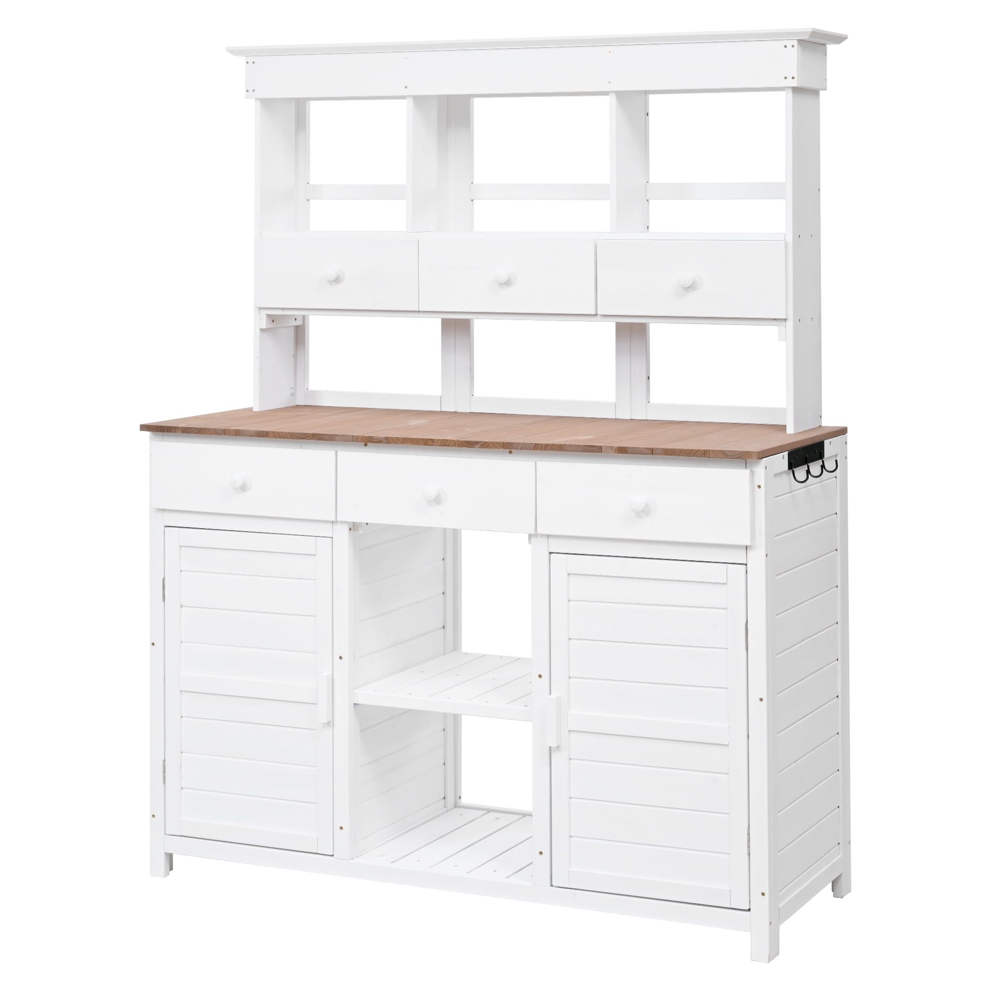 MAYEERTY 65.7" Tall Garden Potting Bench Table with Hutch – Rustic Outdoor Workstation with 3 Shelves, 6 Drawers, 2 Cabinets & Side Hooks