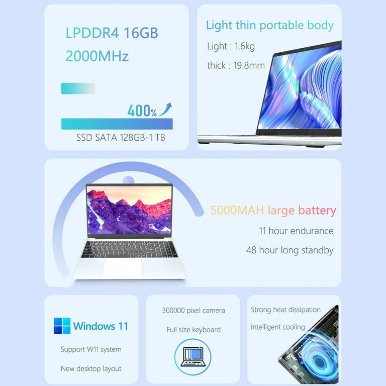 PC portable Wuxian PC portable 16,1FHD+ Windows 11, 24 Go de RAM 512 Go SSD  Intel Celeron N5095 (2,0 GHz) angle d'ouverture de 170° Clavier AZERTY