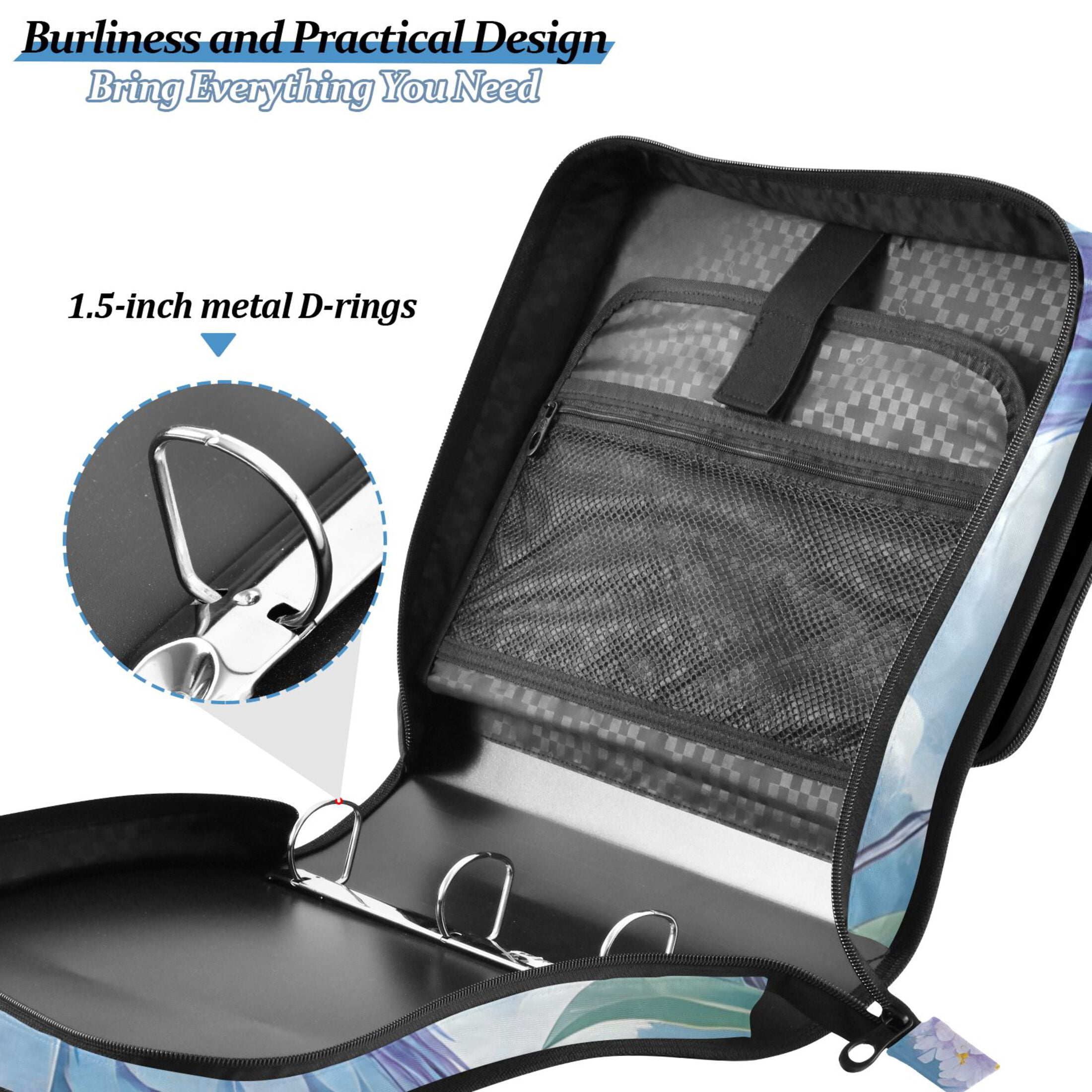 3 Ring Zipper Binder with Shoulder Strap Waterproof Trapper Keeper 2 Inch D-Ring 500 Sheets Capacity Blue Purple Bird and Flower