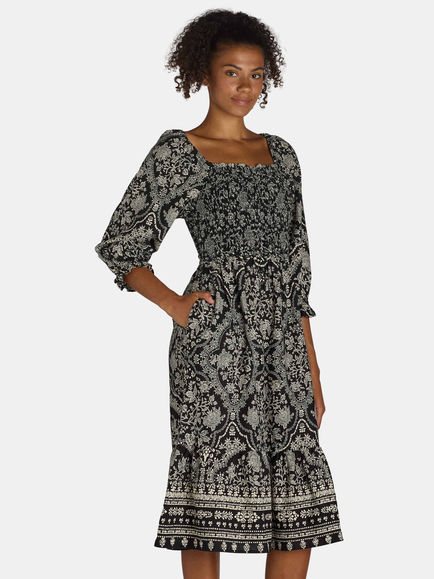 The Pioneer Woman Smocked Bodice Midi Dress, Women’s and Women’s Plus, Sizes XS-3X