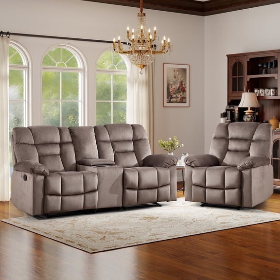 Bonzy Home Recliner Sofa Set — Single Manual Recliner & Loveseat with Hidden Storage & Cup Holders, Brown