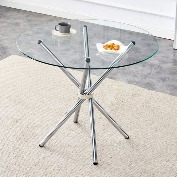 Round clear glass dining table with a unique shape for 4-6 people, with ring-shaped gathered silver metal legs, suitable for desks, kitchens, terraces, dining rooms.