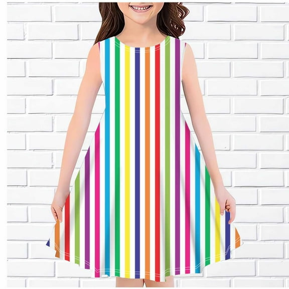 gljltg Girl's Sleeveless Waist Casual Swing Dress for 4-14T Kids Round Neck Printed Dress