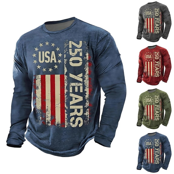 Men 4th of July Shirt Patriotic Casual Sporty Color Long Sleeve T Shirt Athletic Fit Crew Neck Top Workout Summer Tee Tops L
