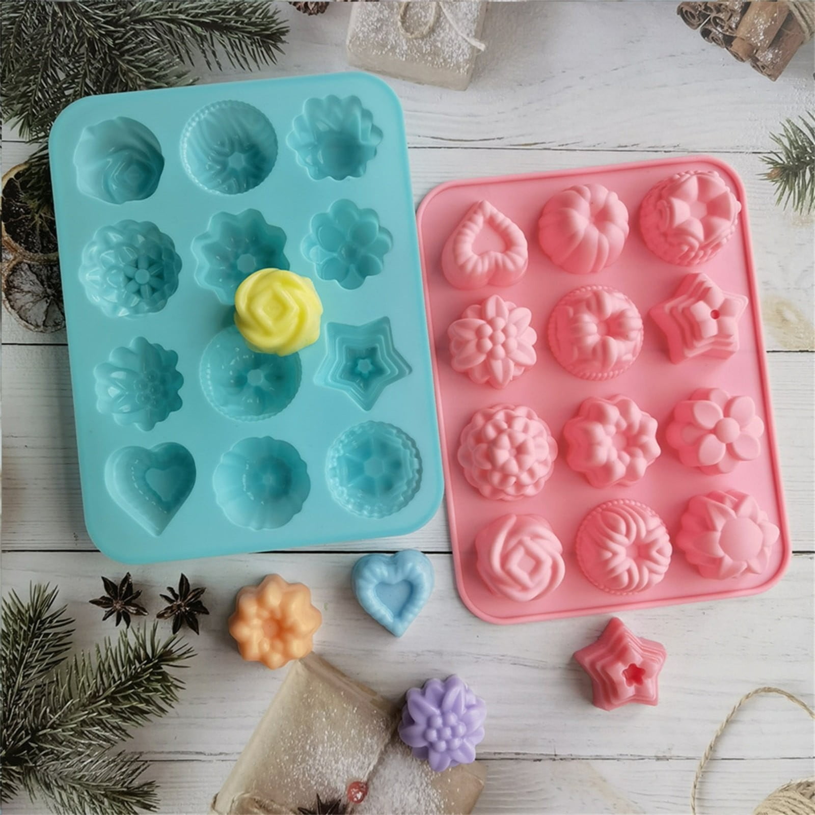 Moules à fleurs en silicone 12 cavités Moules à gelée antiadhésifs Moules à pâtisserie Plaques à glaçons pour la cuisine Fabrication de bonbons Chocolat Muffin Gelée  15