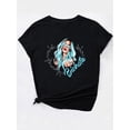 thumbnail image 4 of Stylish Black Casual Tee for Women with Teal-Haired Portrait & Letter Print - Round Neck, Short Sleeve, 100% Polyester, Machine Washable - Perfect for Spring/Summer/Fall, 4 of 8