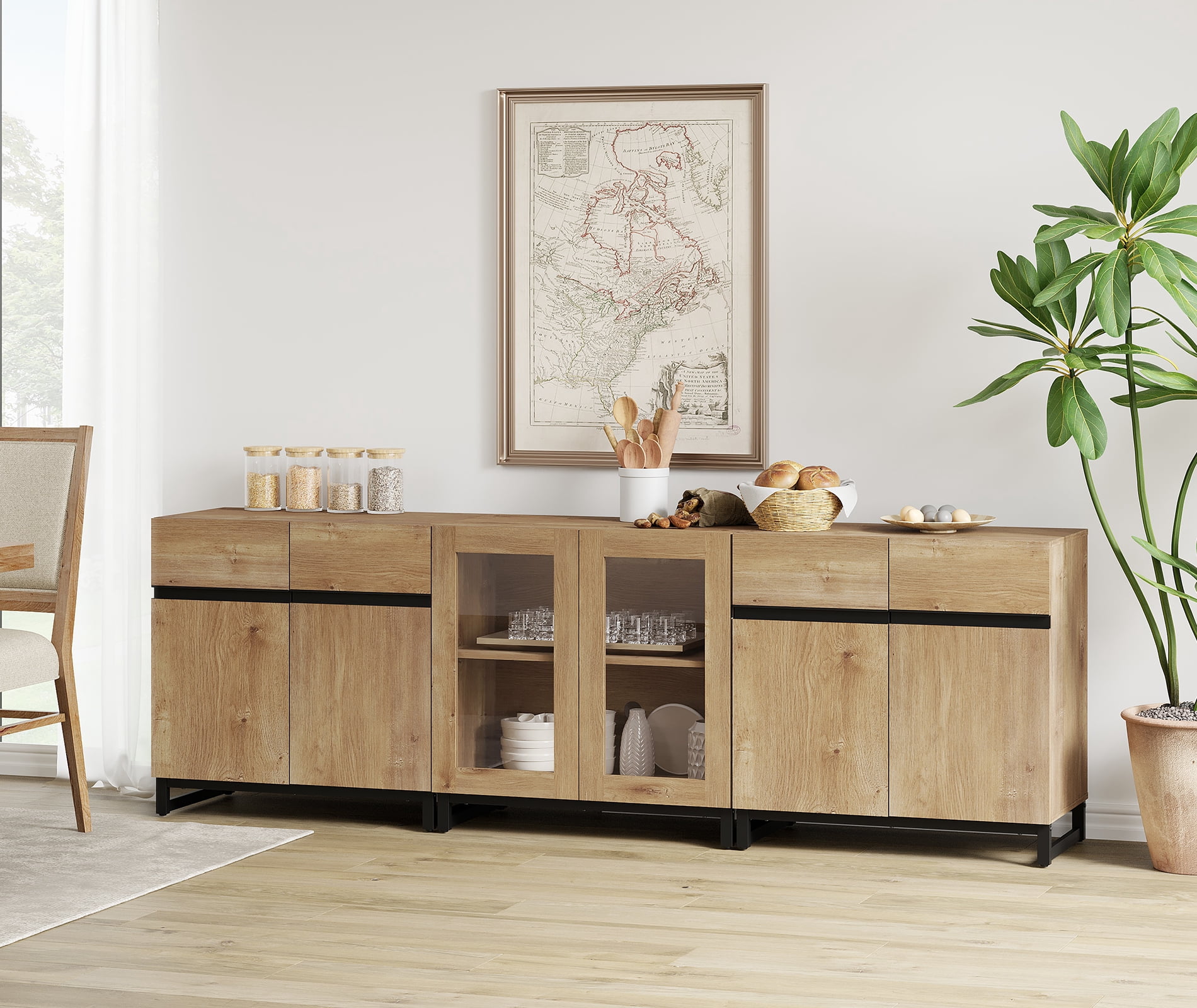 Modern Sideboard With Adjustable Shelves, 3 In 1 Storage Cabinet With Glass Doors, Coffee Bar Cabinet For Living Room, Kitchen,Oak