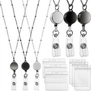 Zonon Retractable Badge Reel Lanyard with ID Holder, 3 Pieces Beaded Badge Lanyard Necklace with 6 Waterproof Name Card Holder Stainless Steel ID Holder Necklace for Women Men (Black, Gray, Silver)