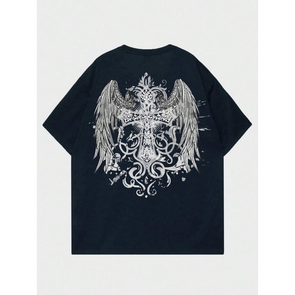 Crewneck Gothic Cross Angel Wings Graphic Vintage Grunge Y2k Cotton Men's Women's T-Shirt