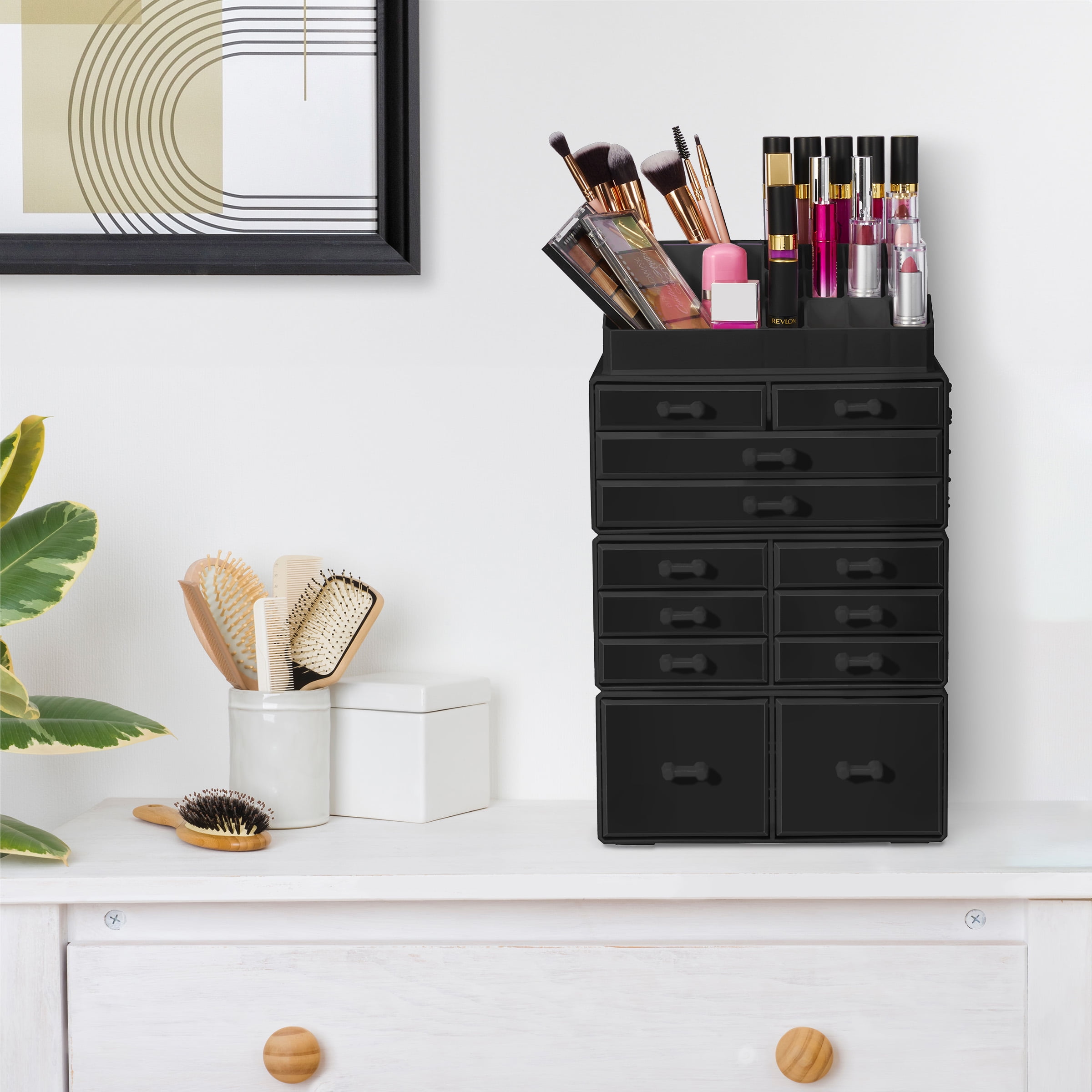 Sorbus 12-Drawer Stackable Makeup Organizer with Brush & Lipstick Holder for Vanity/Bathroom, Black