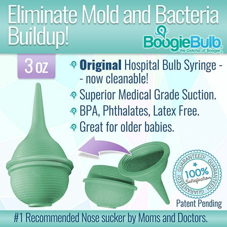 BoogieBulb Hospital Medical Grade Baby Nasal Aspirator, Cleanable and Reusable Bulb Syringe, Snot Sucker, for baby stuffy nose. Natural baby care products. Superior Suction 3 oz Great for Toddlers!