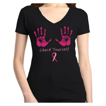 Shop4Ever Women's Check Yourself Breast Cancer Awareness Slim Fit V-Neck (Best Way To Crack Your Neck)