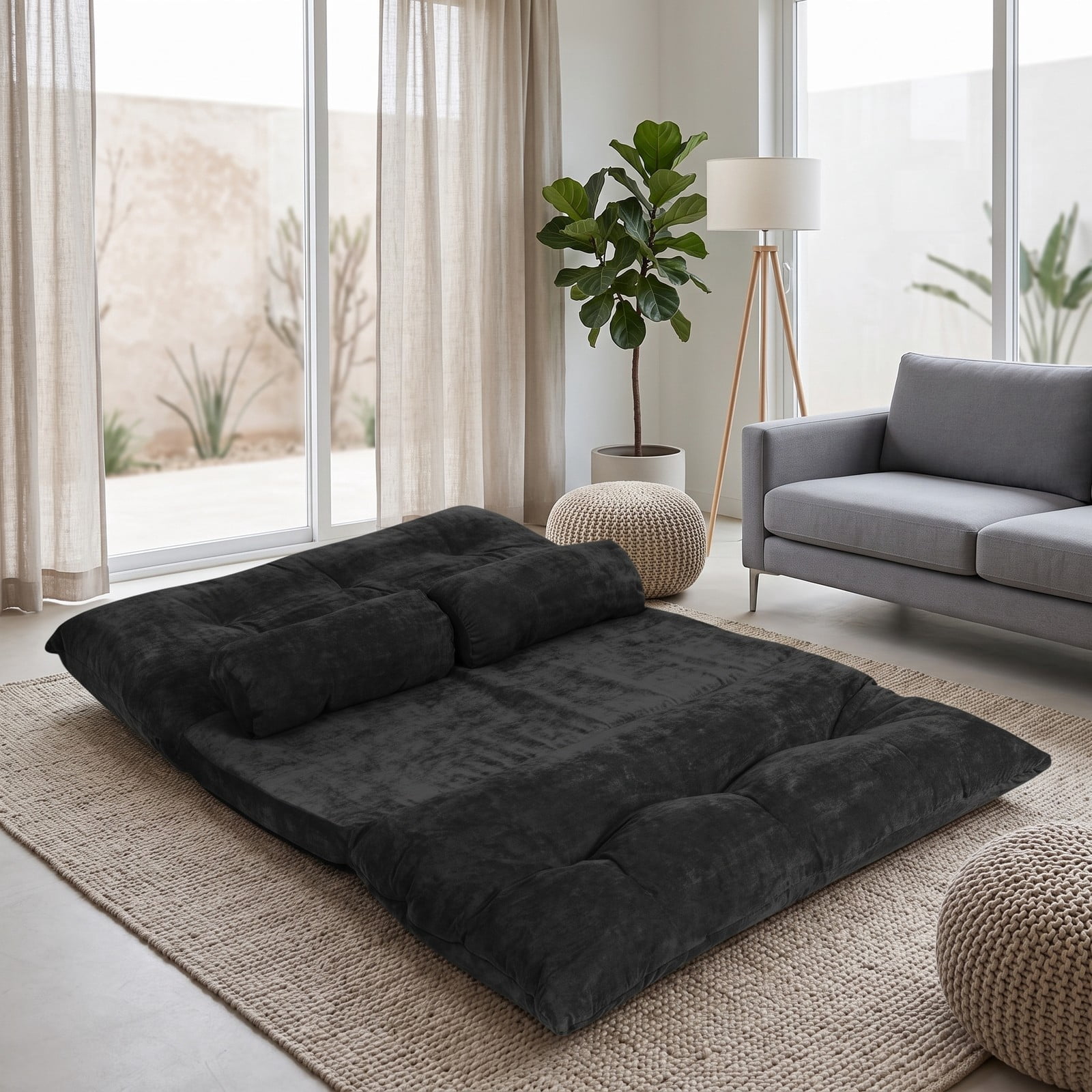 Furnibear 6-Position Adjustable Floor Sofa Bed, Foldable Sleeper Lounge Couch with 2 Pillows, Padded Corduroy Recliner Chair for Living Room Bedroom, 330 lbs, Black