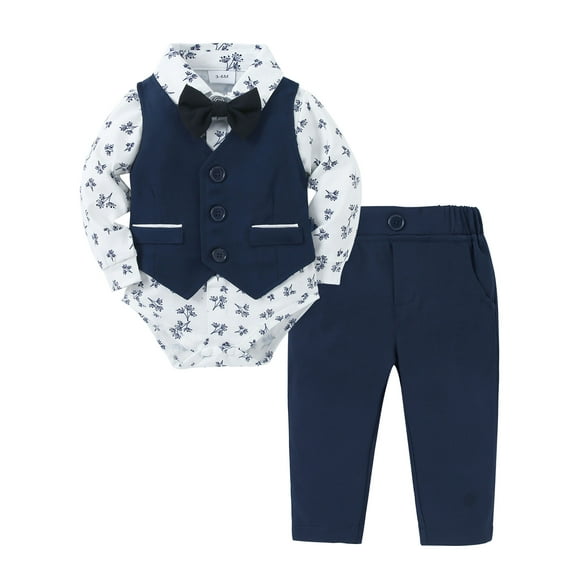 Baby Boy Clothes Suit Newborn 0-18 Months Waistcoat Print Dress Shirt Pants Bowtie Formal Outfits