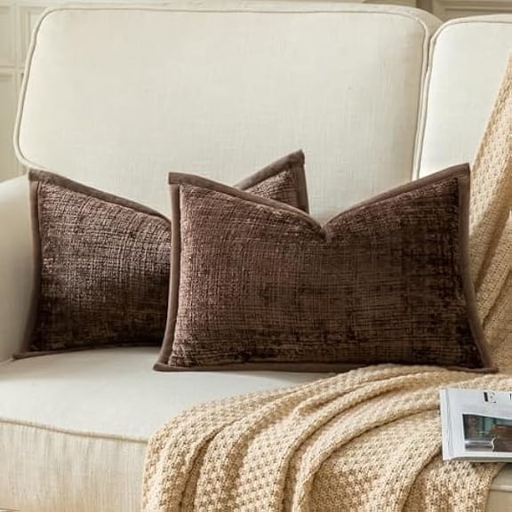 Eryueer Pack of 2 Chenille Textured Decorative Cushion Covers Accent Solid Throw Pillow Covers Soft Cozy Pillow Case with Velvet Back for Couch Sofa Bed Living Room 12x20 Inch 30x50cm Coffee