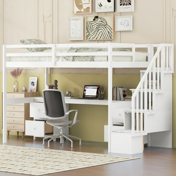Twin Size Loft Bed Frame with Built-in Desk and Double Storage Drawers, White
