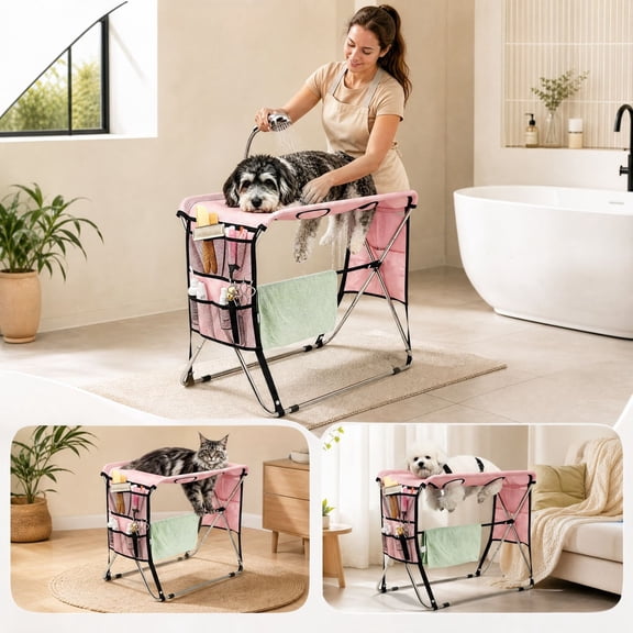 Foldable Stainless Steel Pet Grooming Table, 4-Hole with Safety Strap, for Small to Medium Pets