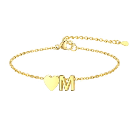 KeyStyle Dainty Initial Bracelet for Women 14K Gold Plated Heart Letter Charm Bracelet Trendy Jewelry Gifts for Mom Daughter Wife