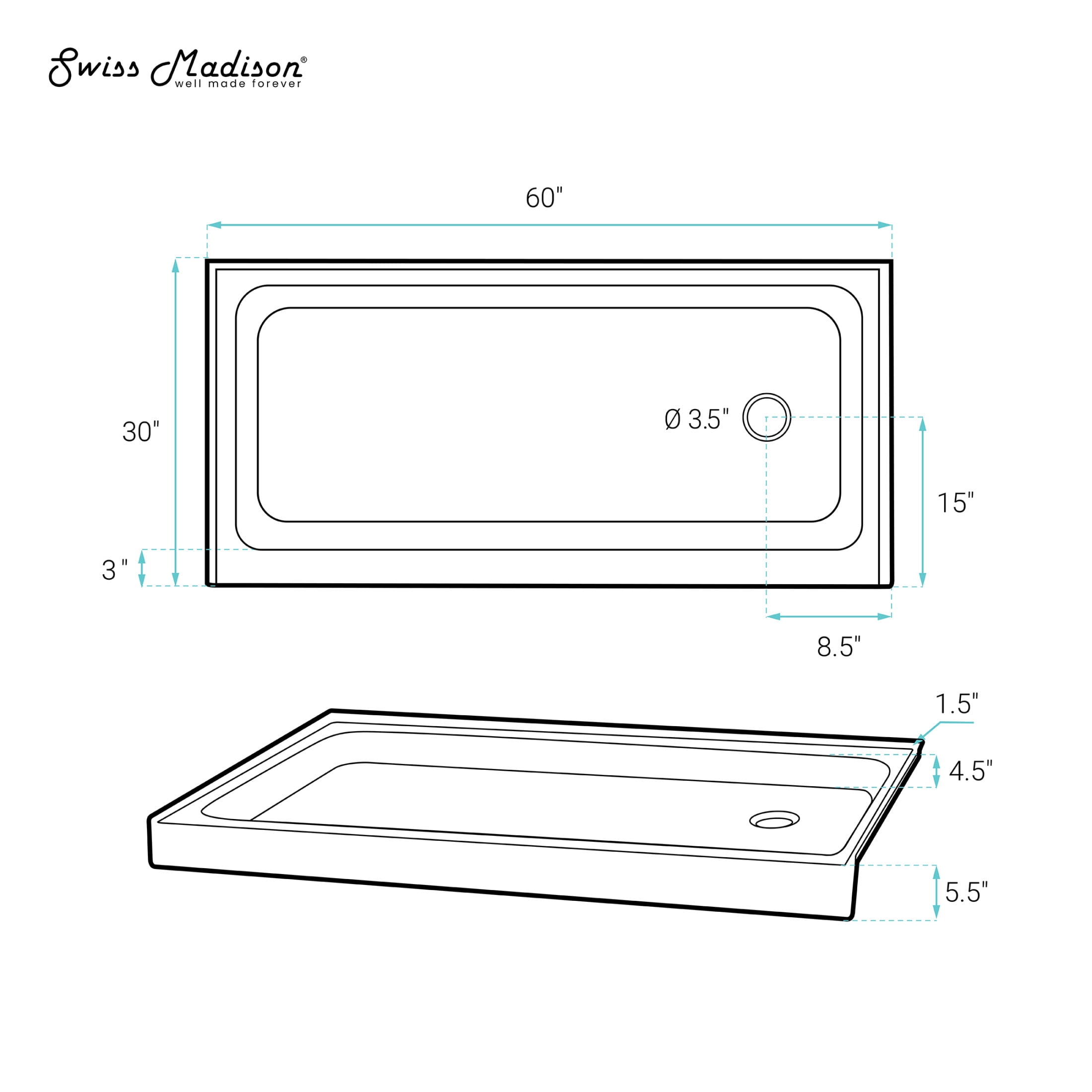 Voltaire 60 x 30 Shower Pan Base with Right Drain in Glossy Bisque
