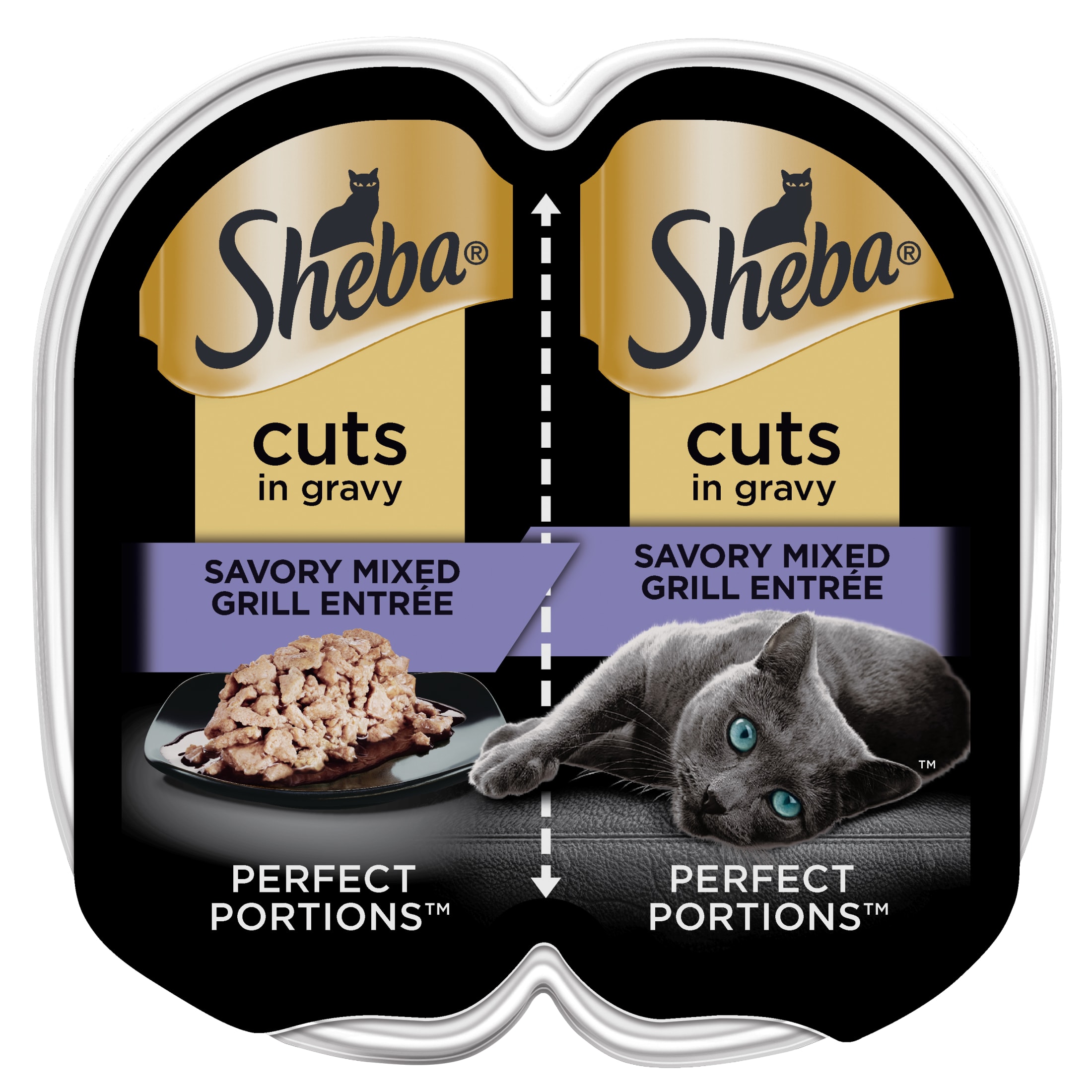 Sheba Wet Cat Food Cuts in Gravy Savory Mixed Grill Entree, 2.6 oz Perfect Portions Twin-Pack Tray
