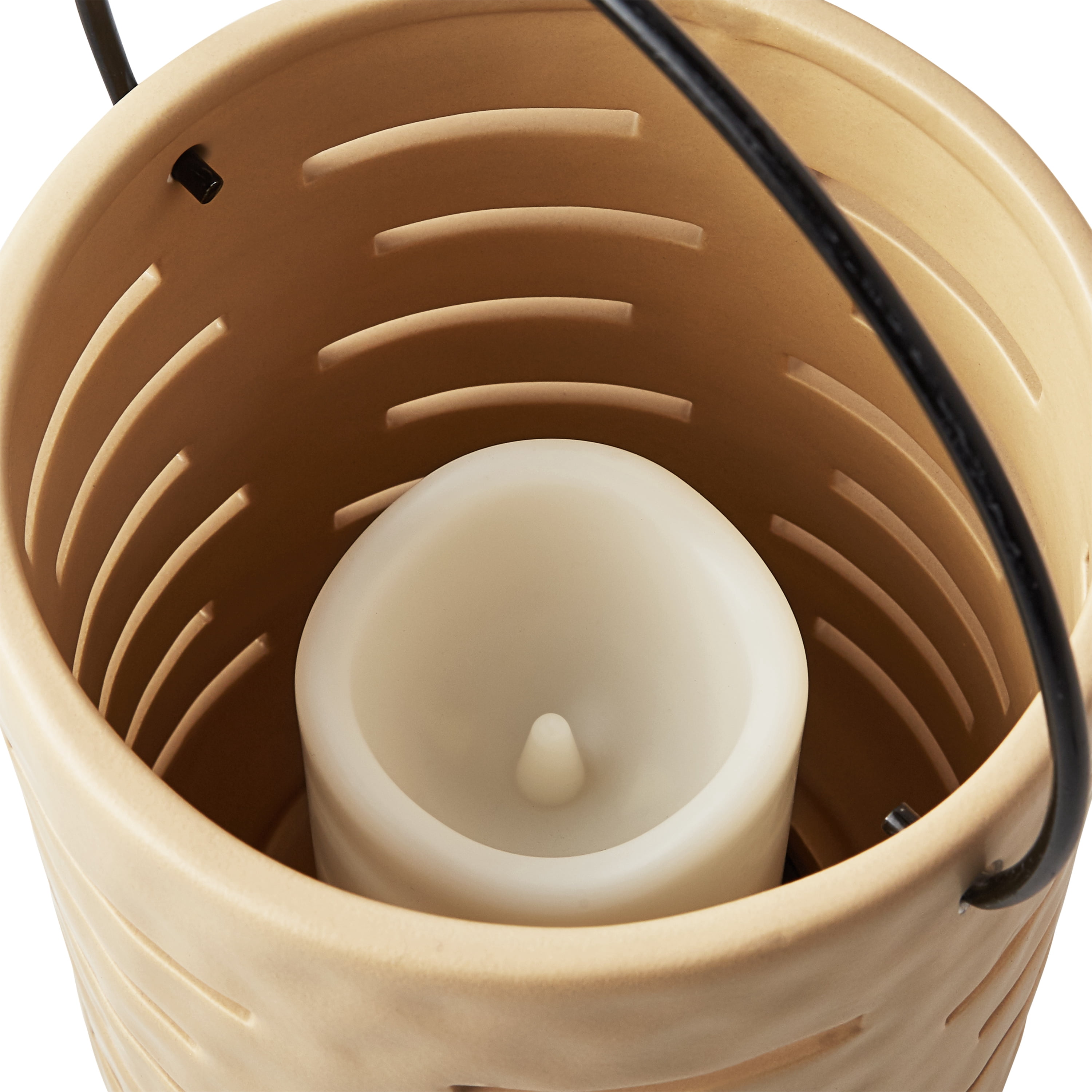 Better Homes & Gardens Small Linen Beige Battery Operated Outdoor Ceramic Lantern with Removable LED Candle by Dave & Jenny Marrs