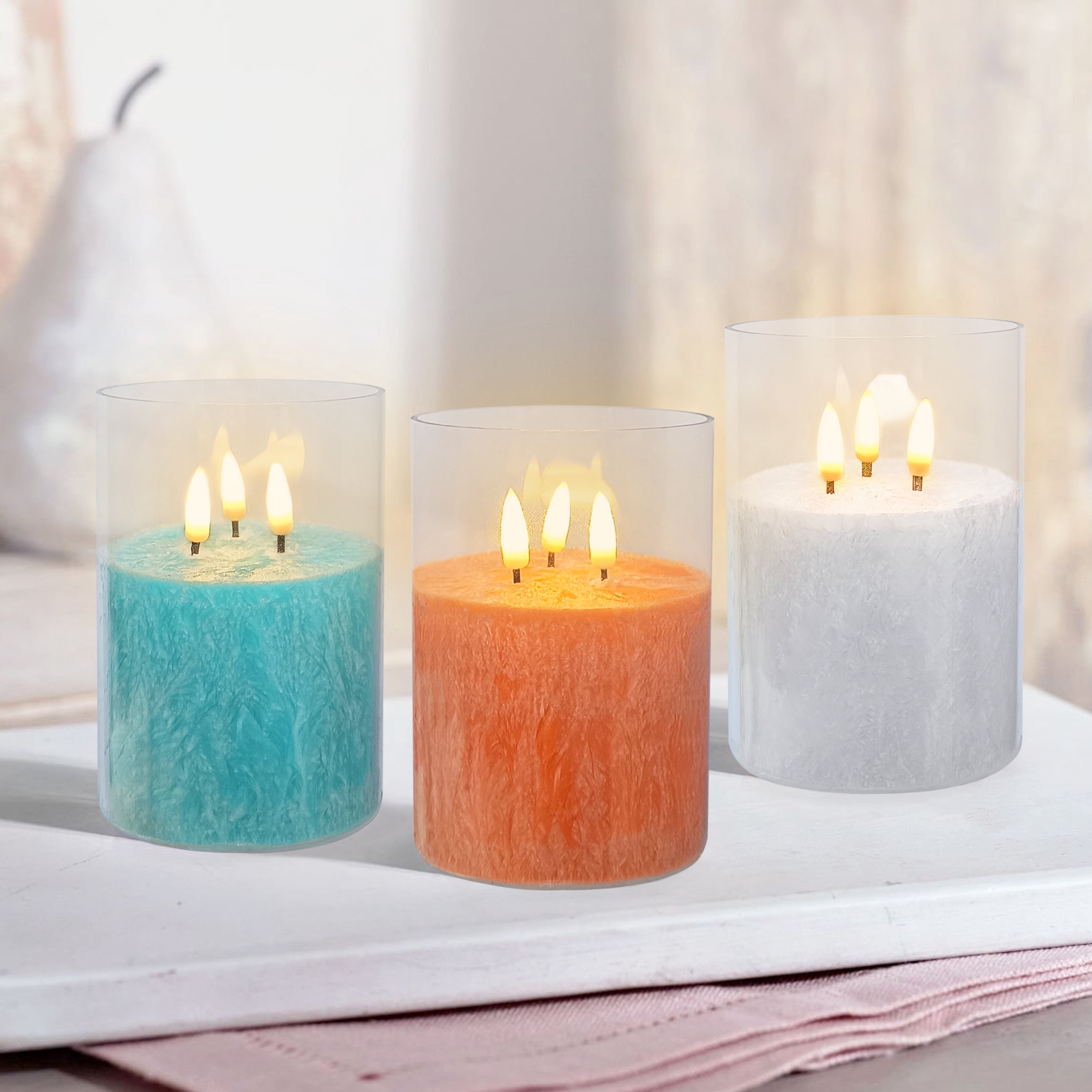 FCMSHAMD 5Inch Flameless Candle with 3 Wicks, Glass LED Pillar Candle, Real Wax Battery Operated Candle with Remote Control and Timer, White