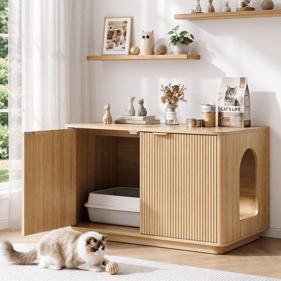 Naipo 31.5" Cat Litter Box Enclosure, Modern Fluted Litter Box Furniture with Hiden Side Entry,for Cats and Home Comforts,Natural