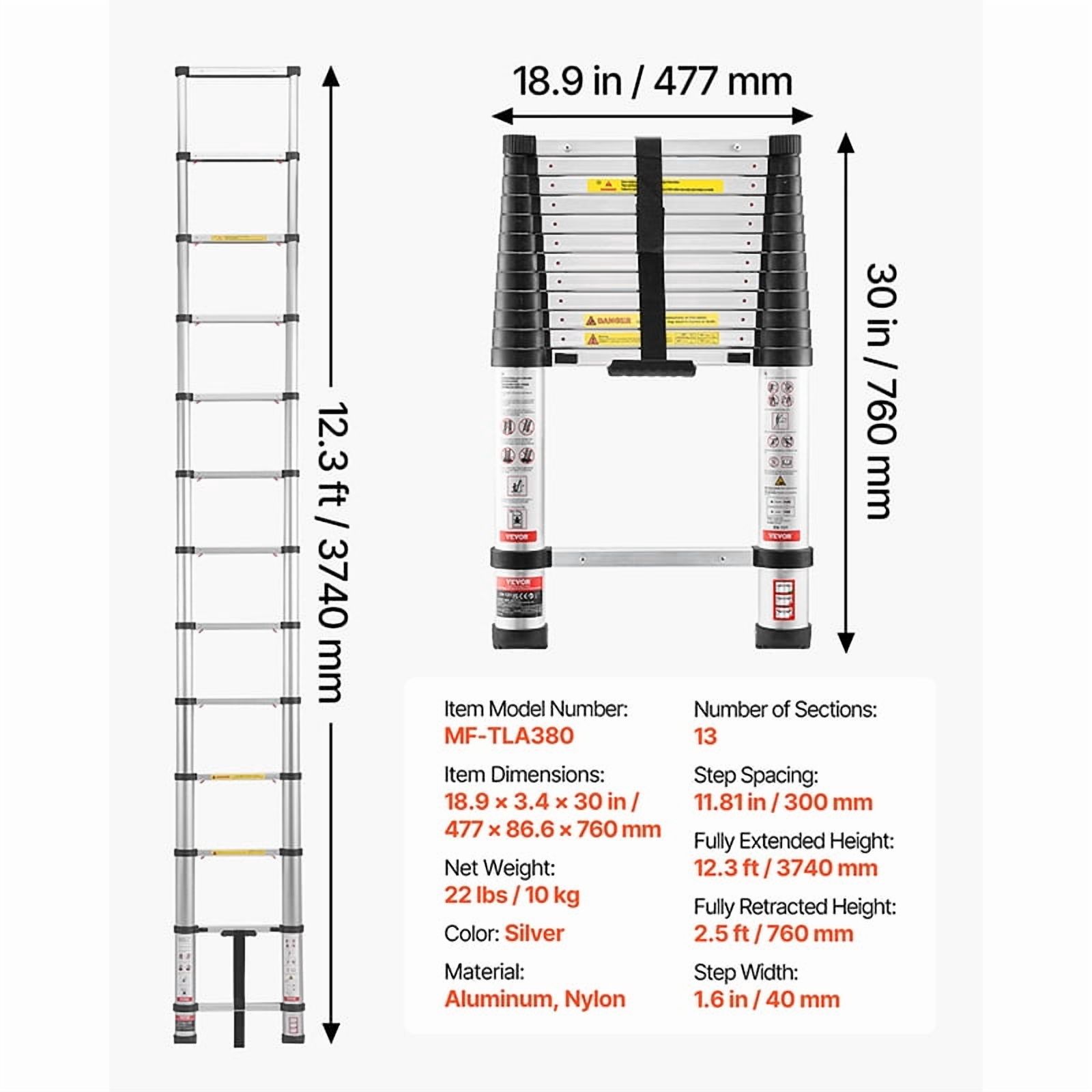 KFFKFF 12.5-Foot Telescoping Ladder, 330 Lbs Capacity, Silver photo 6
