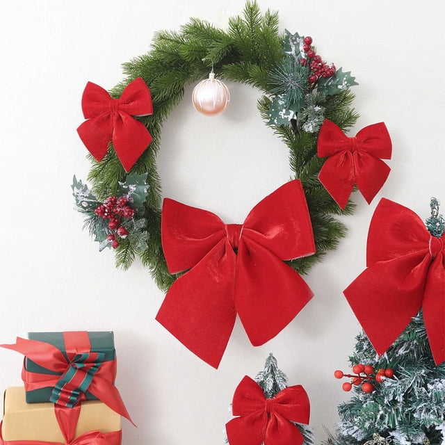 RKSTN Nœuds Rouges pour Sapin de Noël Créatifs Ensemble d'Ornements de Sapin de Noël Floqué Décorations Suspendues de Noël Bourgogne avec Nœuds Cloches de Noël