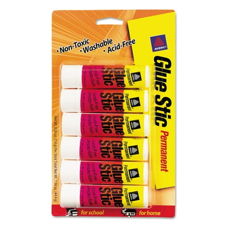 Avery Permanent Glue Stics, White Application, .26 oz, Stick, 6/Pack
