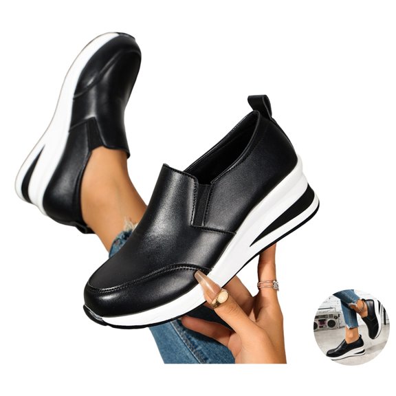 Willtoo Orthopedic Dress Shoes for Women Wedge Slip On Sneakers with Arch Support Faux Leather Platform Loafer Shoes Comfort Casual Daily Walking Footwear