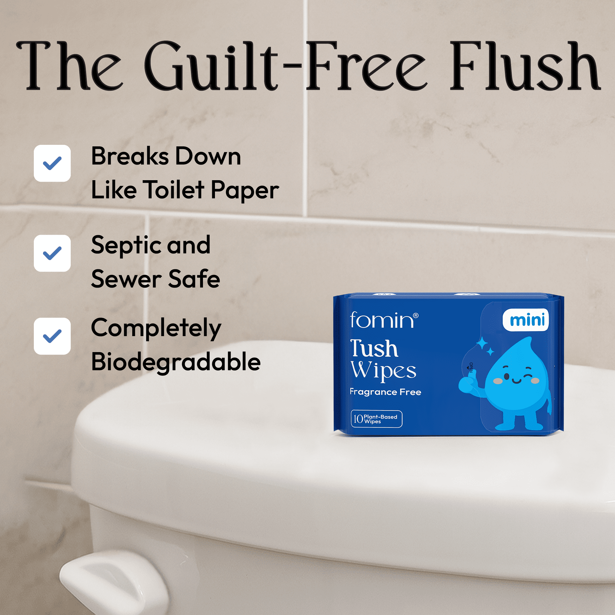 Fomin Mini Flushable Wipes 30 Pack (10 Count) - Fragrance Free Travel Wet Wipes for Women - pH Balanced, Biodegradable Cleansing Wipes - Hypoallergenic, Plant-Based Tush wipes for Adults and Kids