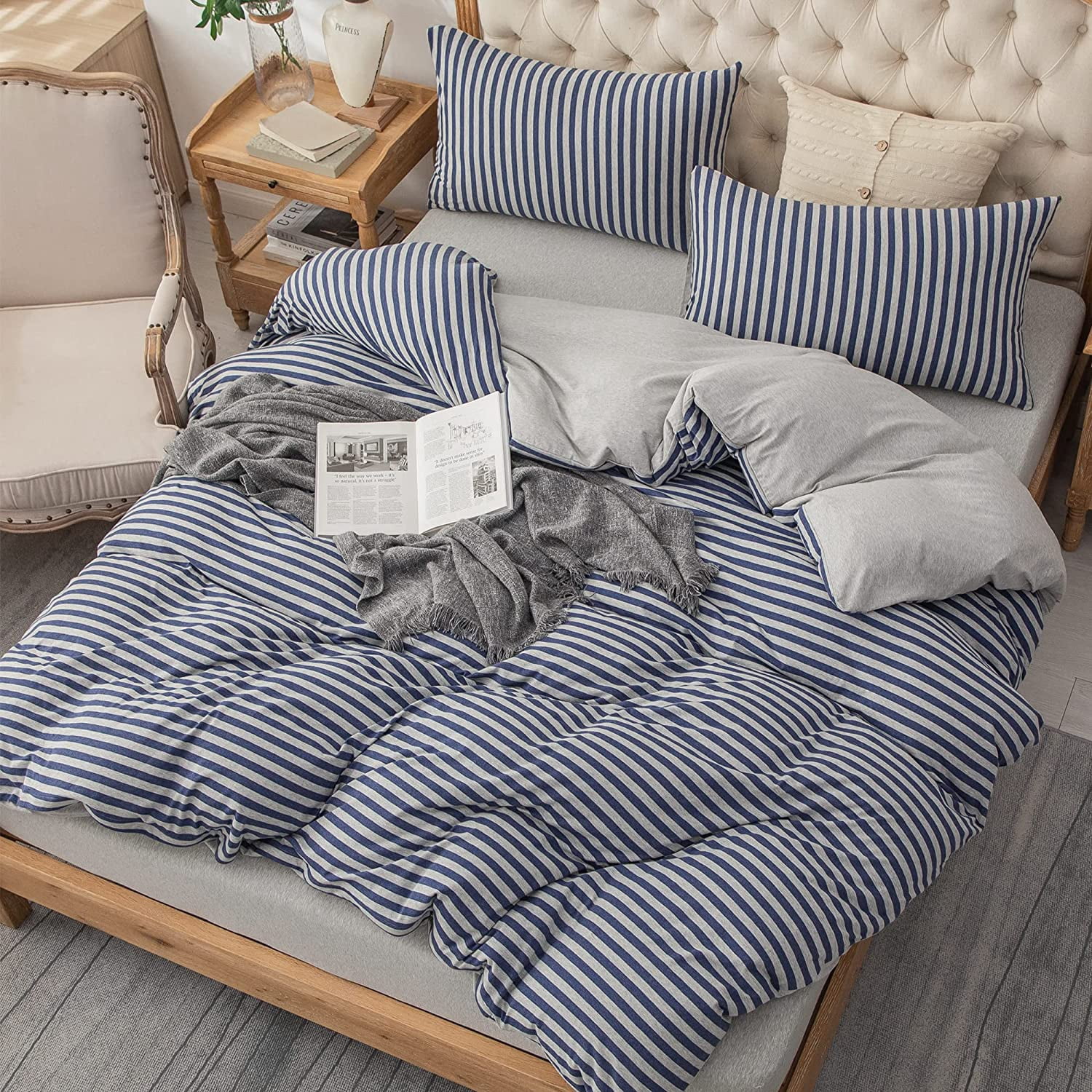 PURE ERA Classic Striped Jersey Knit Duvet Cover 100% Cotton 3pc Bedding Set Ultra Soft (Blue Grey Stripes King)